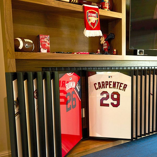 Former pro MLB player’s personal jersey and memorabilia collection display, jersey display, custom collectables display, metalwork, custom metalwork, custom metal fabrication,